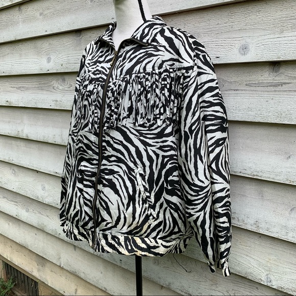 Vintage 80s Silk Zebra Print Fringe Trim Long Sleeve Zip Front Collared Jacket - Picture 3 of 16